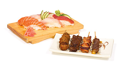 Menu I  Soupe, Crudités, Riz | 6 Sushis + 4 Brochettes grillées | (Boulettes de Poulet, Poulet, Boeuf, Boeuf au Fromage)  20.50 €