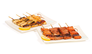 Menu L  Soupe, Crudités, Riz | 8 Brochettes de poissons | (2 St.Jacques, 2 Thons, 2 Saumons, 2 Poissons blancs)  21.50 €