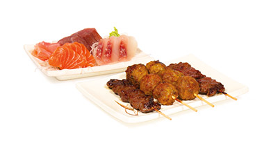 Menu M3  Soupe, Crudités, Riz | Petite Assiette de 9 Sashimis, 4 Brochettes grillées | (2 boulettes de Poulet, 2 Bœufs)  15.50 €