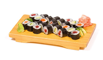 Menu R  Soupe, Crudités | 24 Makis | (8 pièces de Maki Saumon, 8 pièces de Maki Thon, 8 pièces de Maki Concombre)  16.00 €