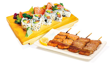 Menu S  Soupe, Crudités, Riz | 8 California Makis (saumon/avocat) + 6 Sashimis saumon + 4 Brochettes grillées | (2 saumons, 2 thons)  21.00 €