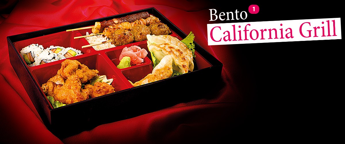 Menu California Grill  Soupe, Crudités, Riz | 4 Beignets de Poulet + 3 Gyozas + 4 California Makis + 3 Brochettes | Bento 01 California Grill
  20.00 €