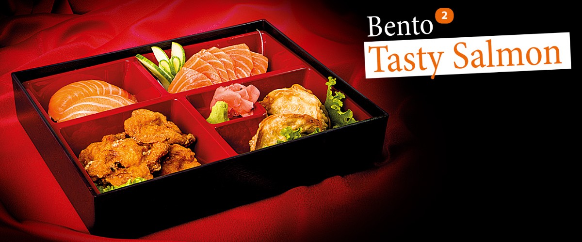 Menu Tasty Salmon  Soupe, Crudités, Riz | 4 Beignets de Poulet + 3 Gyozas + 6 Sashimis + 2 Sushis | Bento 02 Tasty Salmon  22.00 €