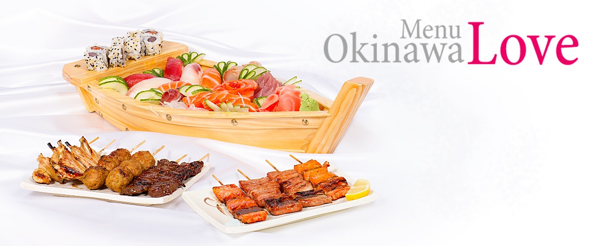 Menu Okinawa Love  Soupe, Crudités, Riz | Assortiment de 21 Sashimis + 8 California Makis + 6 Sushis + 10 Brochettes grillées | (2 Thons, 2 Saumons, 2 Boeufs, 2 boulettes de Poulet, 2 ailes de Poulet)  54.00 €